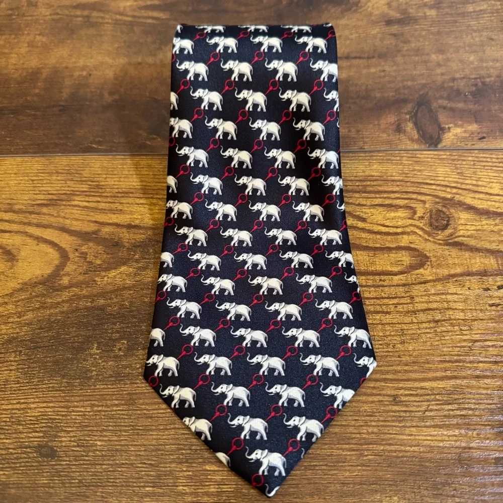 René Chagal Silk Elephant Print Tie Handmade Black Red Patterned‎